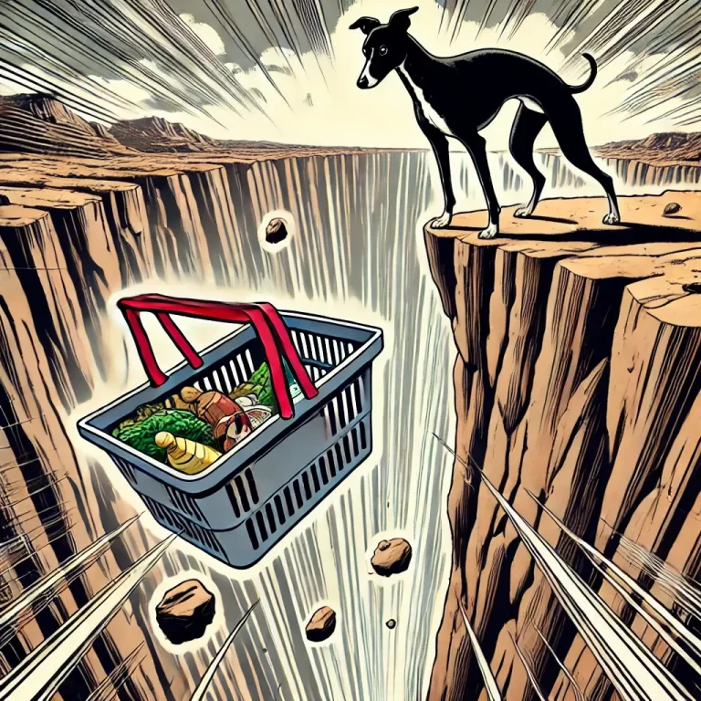 Der Warenkorb von Chani dem Whippetmädchen fällt in die Schlucht