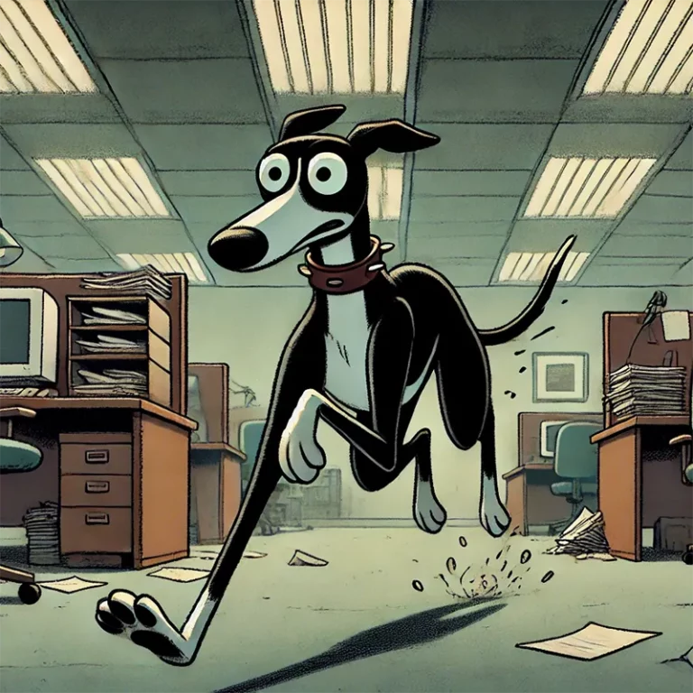 Chani der Whippet rennt aus dem Büro